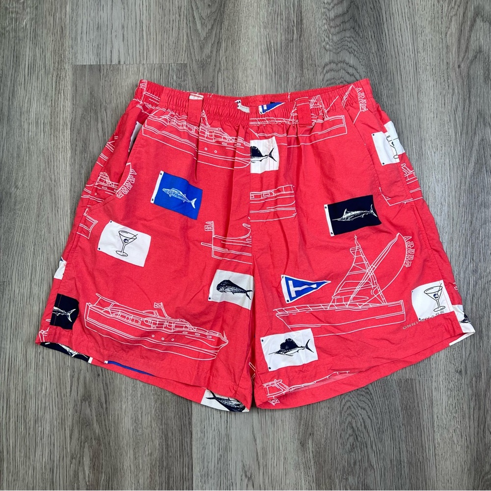 Columbia PFG Shorts Mens Medium Red Omni-Shade Boat Martini Fish‎ Swim Trunks 6”